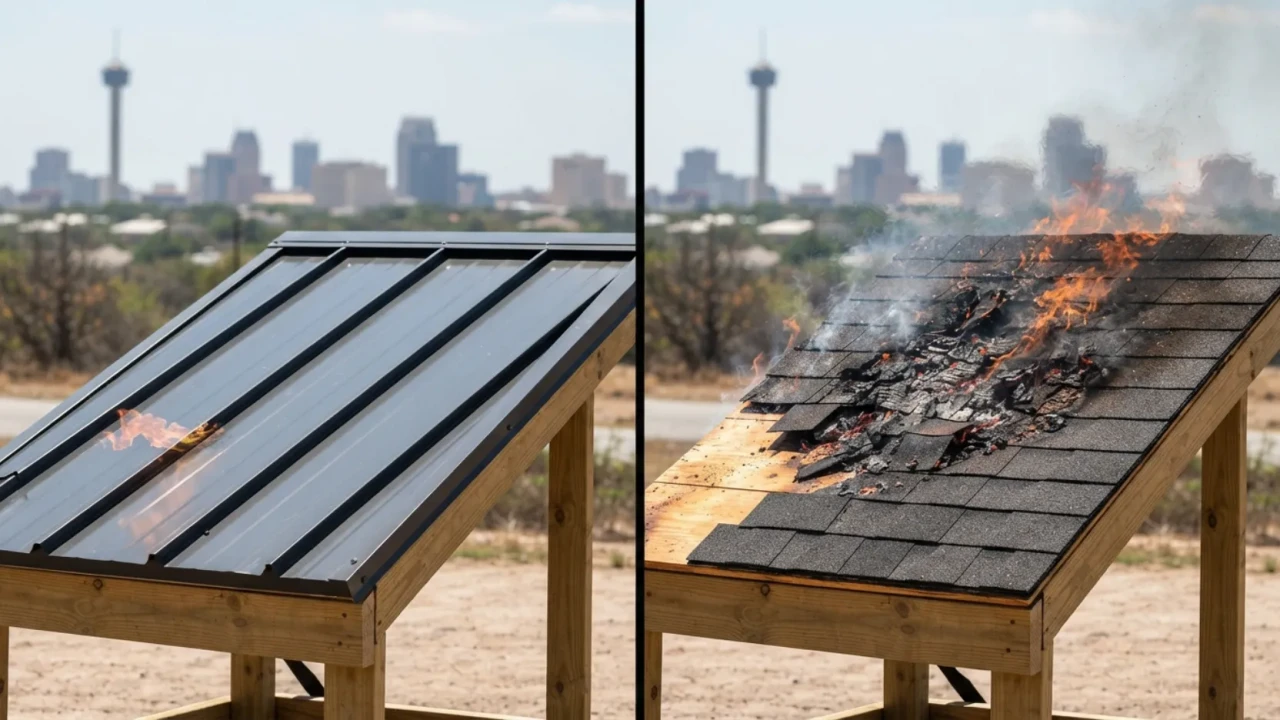 Metal roof vs asphalt shingles fire resistance comparison San Antonio