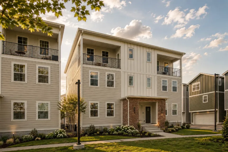 Three-story townhomes with gray and white siding and small balconies
