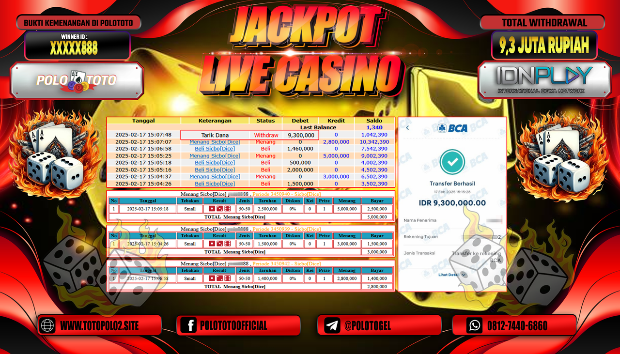 POLOTOTO JACKPOT LIVE CASINO SICBO DICE Rp.9.300.000,-