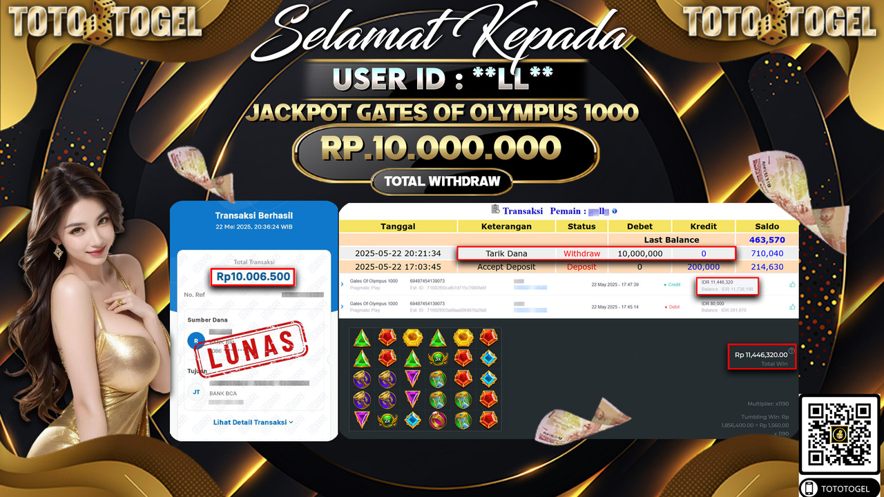 Bukti Pembayaran Jackpot Permainan Slot Gates Of Olympus 1000  ID:**LL*** LUNAS