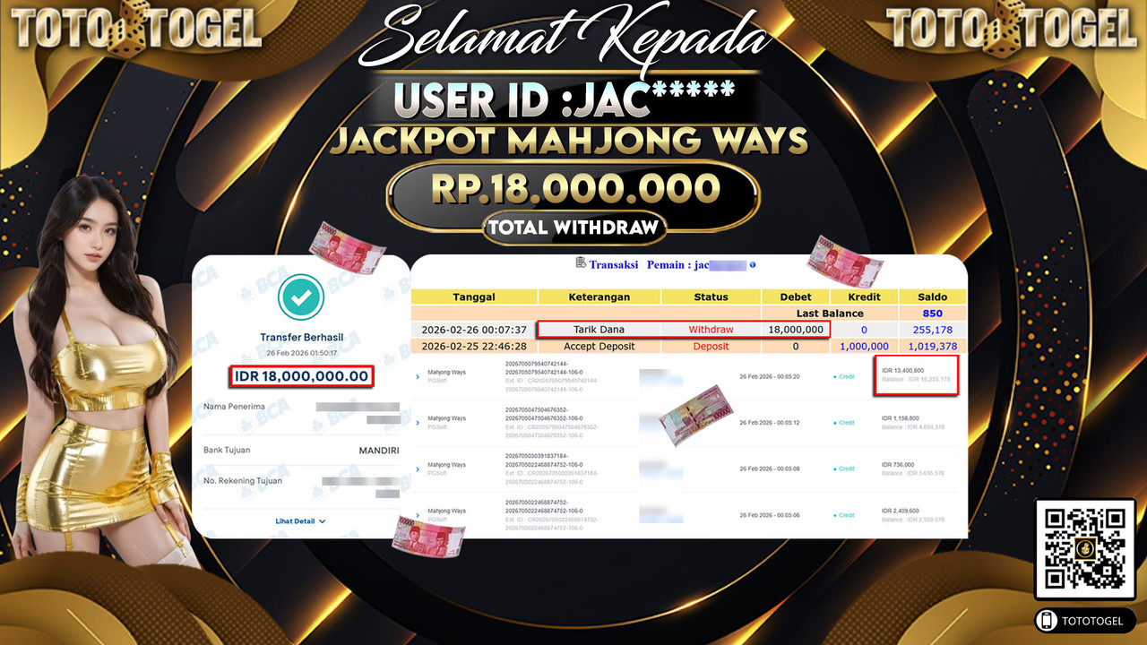 Bukti Pembayaran Jackpot Permainan Slot Mahjong Ways ID:JAC*****LUNAS