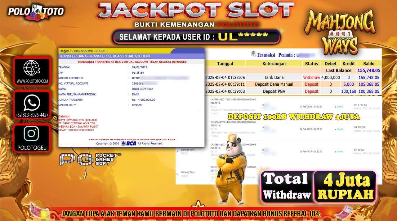 POLOTOTO JACKPOT SLOT MAHJONG WAYS Rp.4,000.000,-