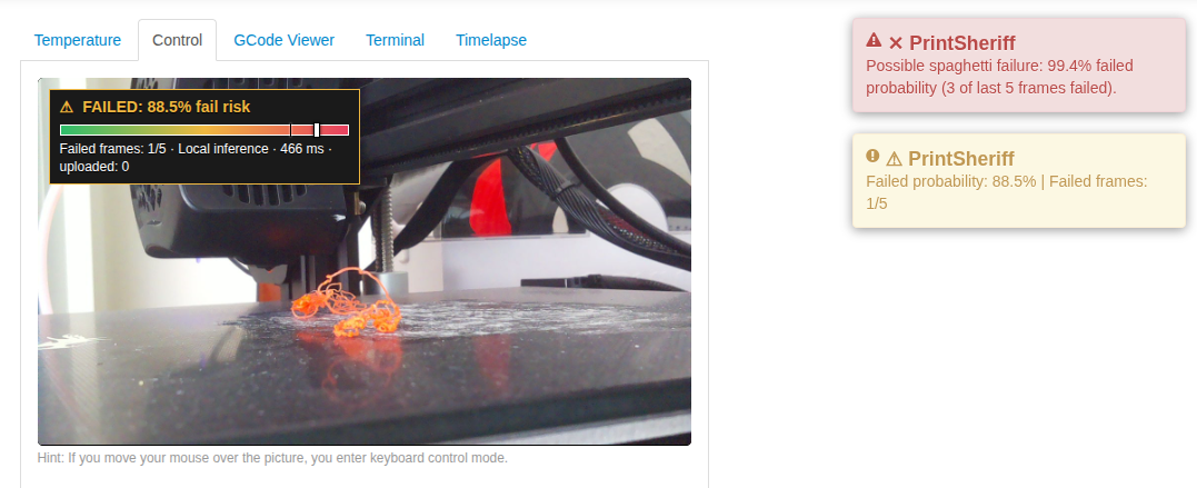 OctoPrint dashboard showing PrintSheriff status FAILED with failure probability