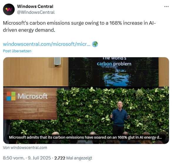 Microsoft CO2-Ausstoß steigt um 168 % wegen KI