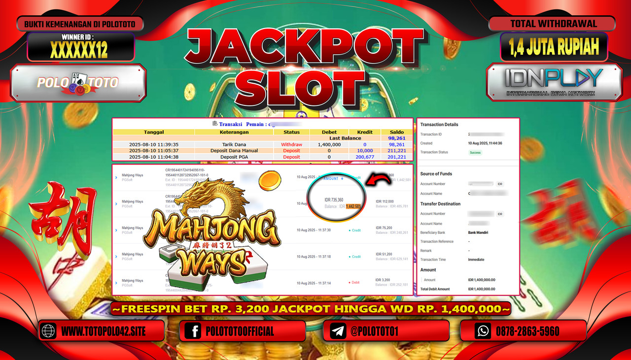 POLOTOTO JACKPOT SLOT MAHJONG WAYS Rp.1.400.000,-LUNAS