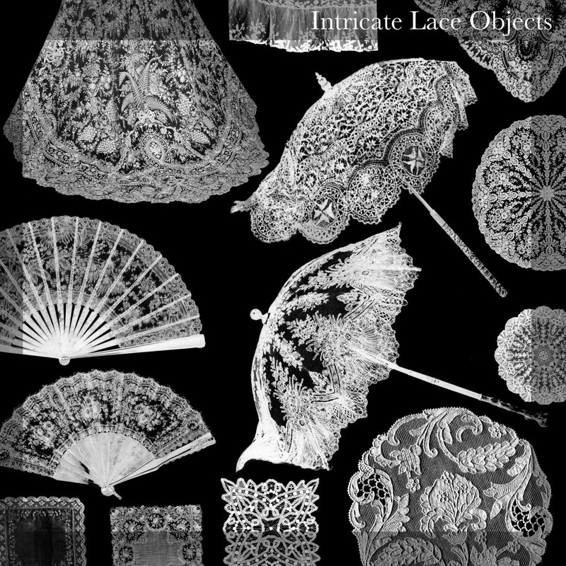 Example images of lace parasols, fans, and doilies.