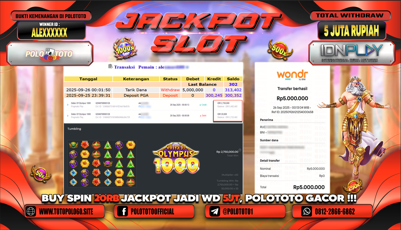 POLOTOTO JACKPOT SLOT GATES OF OLYMPUS 1000 Rp.5.000.000,- LUNAS