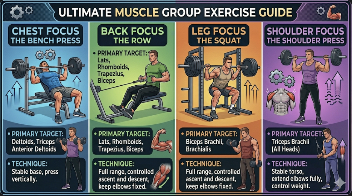 Muscle group exercise guide showing chest press back row leg squat and shoulder press for how to target each muscle in bodybuilding