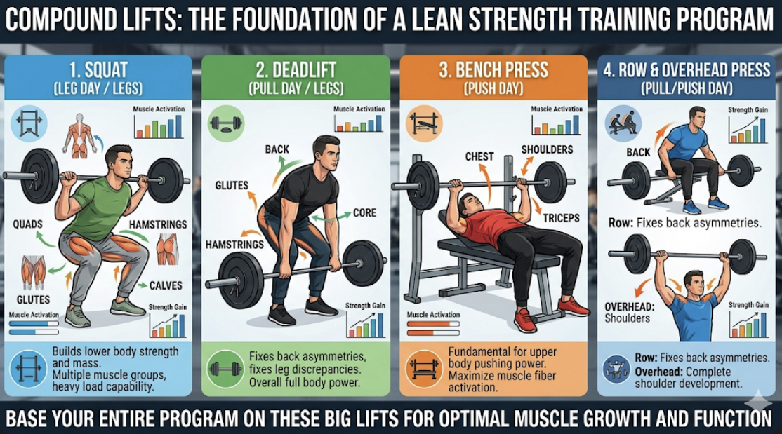 Lean strength training split showing compound lifts squat deadlift bench press overhead press rows for how to get stronger without weight gain