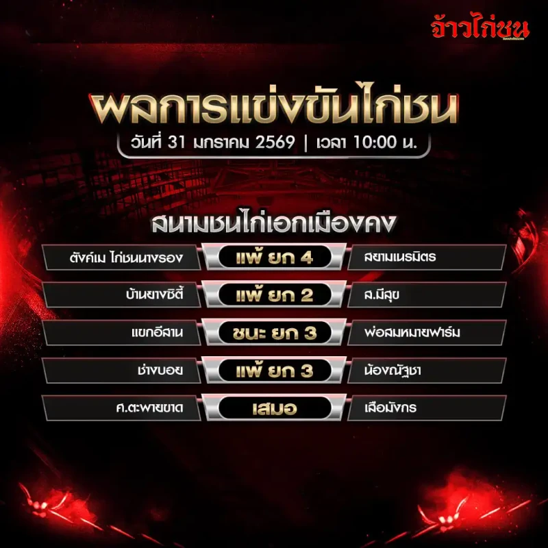 สรุปผลไก่ชน สนามชนไก่เอกเมืองคง วันที่ 31 มกราคม 2569 เวลา 10:00 น. รวมผลการแข่งขันครบทุกคู่