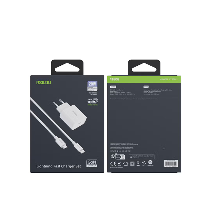مجموعة شاحن Rsilou سريع - شاحن GaN 20W + كابل Lightning 30W - أبيض - متوافق مع أبل - 3