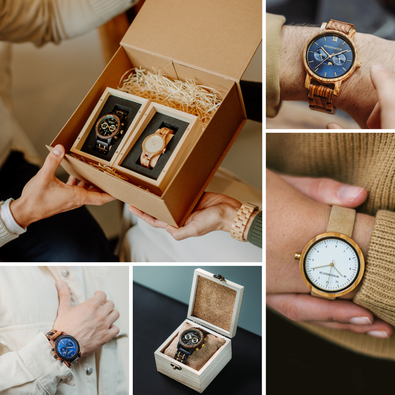 Collage von Ideen für Dankeschön-Geschenke von WoodWatch, darunter gravierte Holzuhren, umweltfreundliche Accessoires und einzigartige, durchdachte Geschenke für Freunde und Kollegen