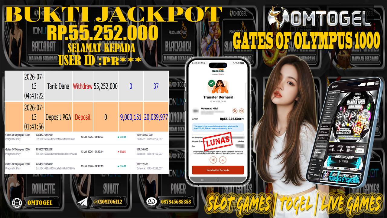 OMTOGEL JACKPOT PRAGMATICPLAY  GATES OF OLYMPUS 1000 , Rp.55.252.000,- DIBAYAR LUNAS