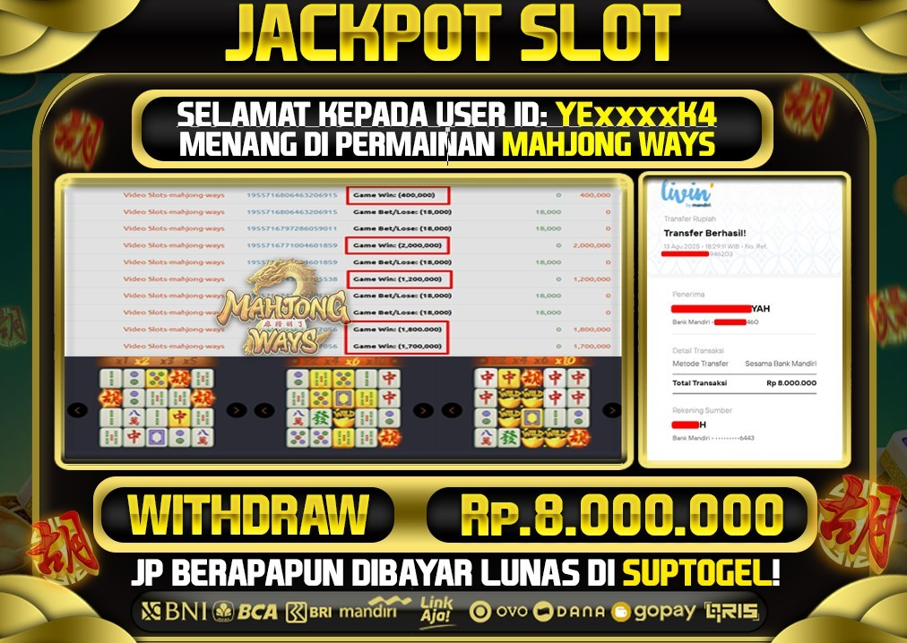  BUKTI KEMENANGAN 13 AGUSTUS 2025 MENANG DI PERMAINAN MAHJONG WAYS  TOTAL WD 8 JUTA