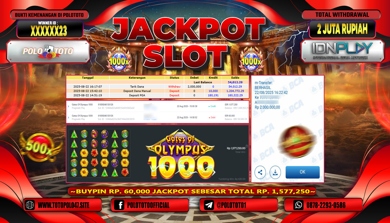 POLOTOTO JACKPOT SLOT GATES OF OLYMPUS 1000 Rp.2.000.000,- LUNAS