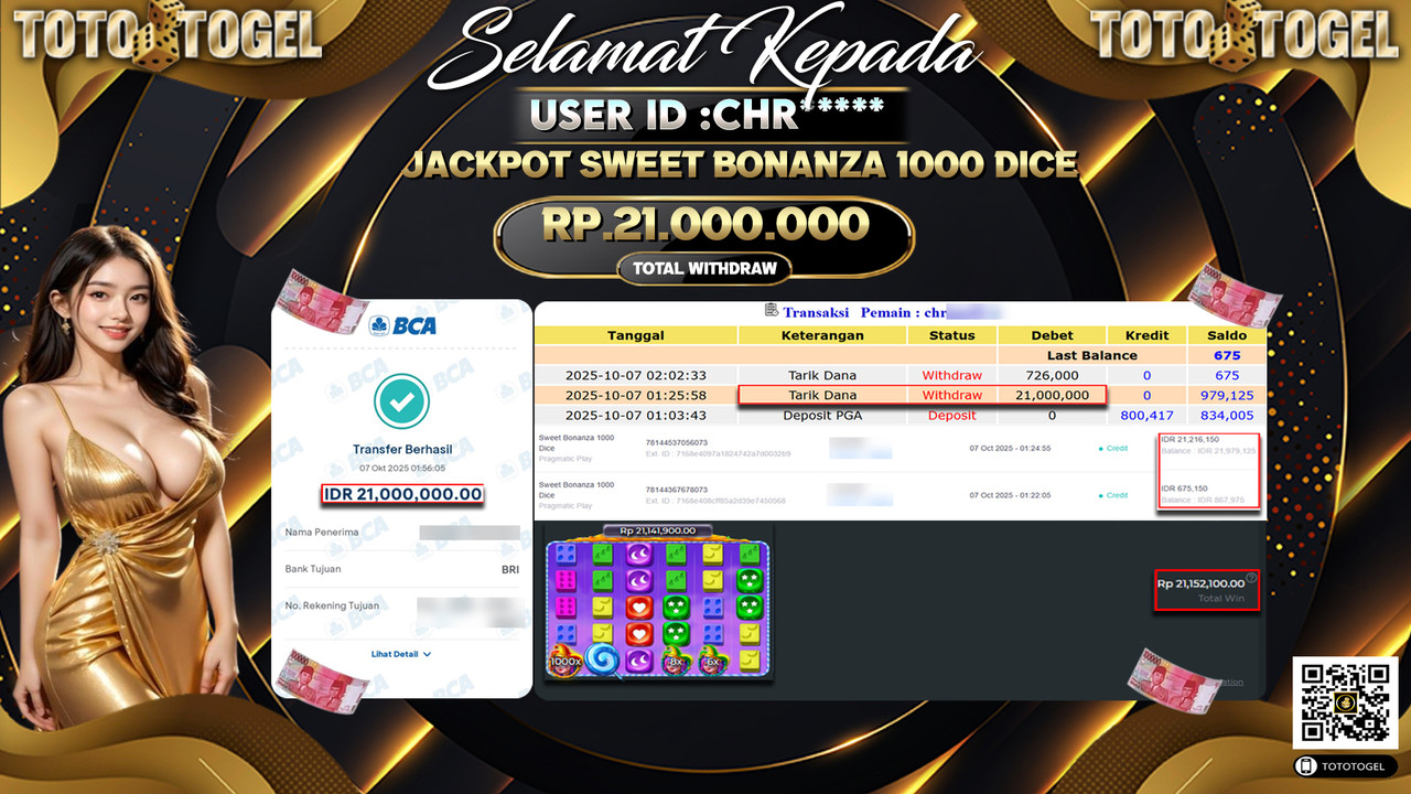 Bukti Pembayaran Jackpot Permainan Slot Sweet Bonanza 1000 Dice  ID:CHR*** LUNAS