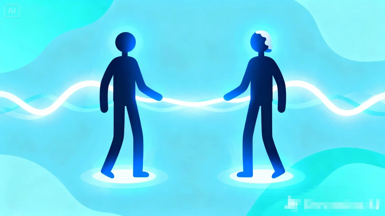 رسم رمزي يوضح التخاطر بين شخصين بخطوط طاقة زرقاء تربط بينهما