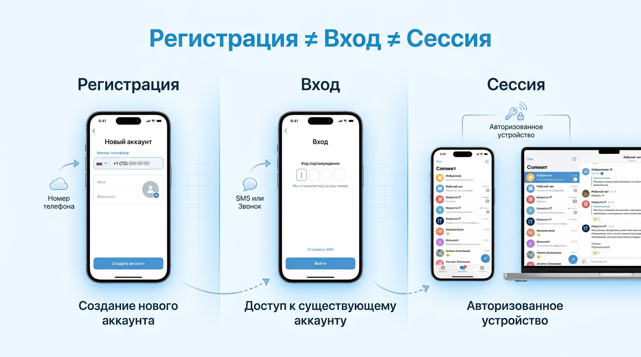 Чем отличаются регистрация вход и сессия в Telegram