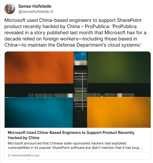 ProPublica on SharePoint RCE vulnerability and Chinese Engineers
