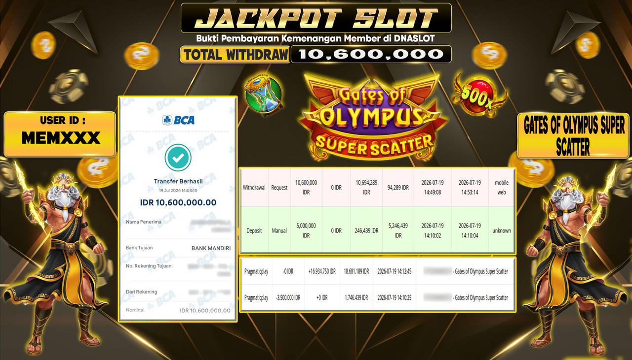 JACKPOT SLOT GATES OF OLYMPUS SUPER SCATTER  19 JULY 2026