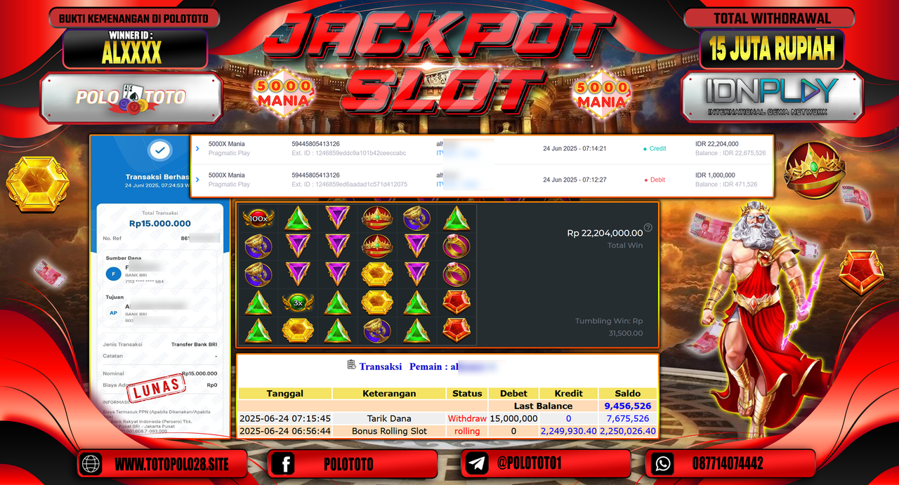 POLOTOTO JACKPOT SLOT 5000X MANIA Rp.15.000.000,- LUNAS