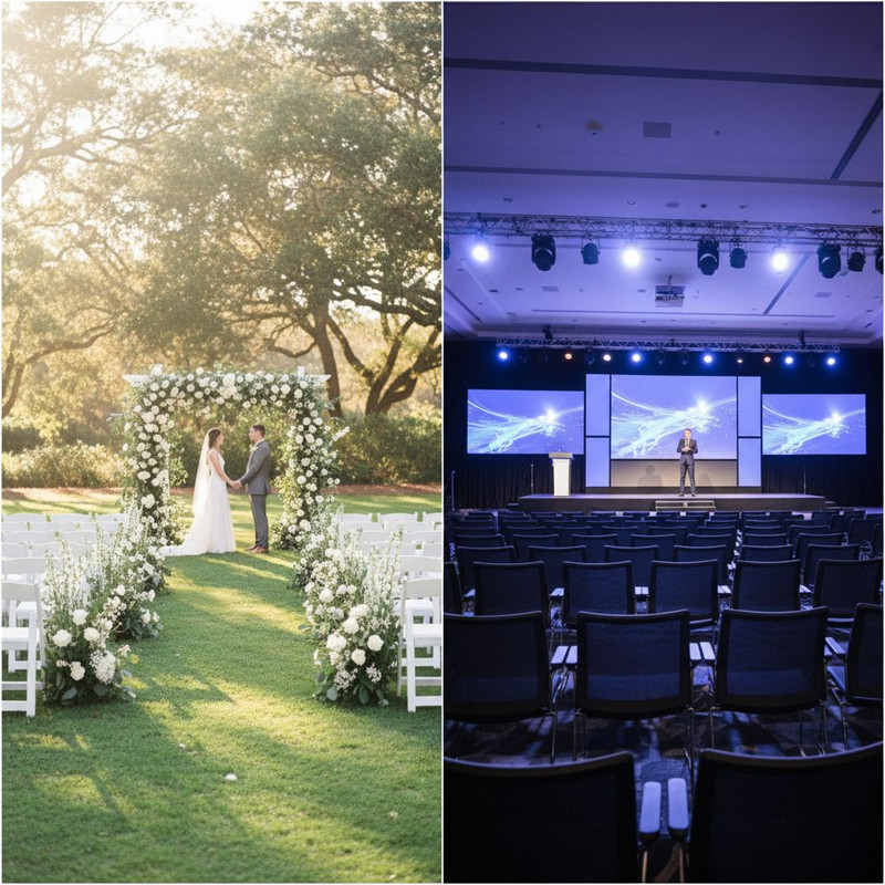 Сравнение атмосферы различных мероприятий: от торжественной свадебной церемонии на открытом воздухе до строгого корпоративного конференц-зала, где требуется аренда стульев.