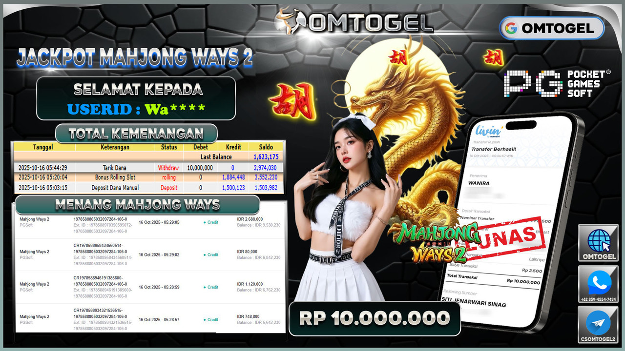 OMTOGEL JACKPOT PGSOFT MAHJONG WAYS 2 10 JUTA DI BAYAR LUNAS ,-
