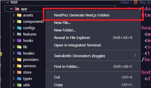 Context menu: NextPro Generate Next.js Folders