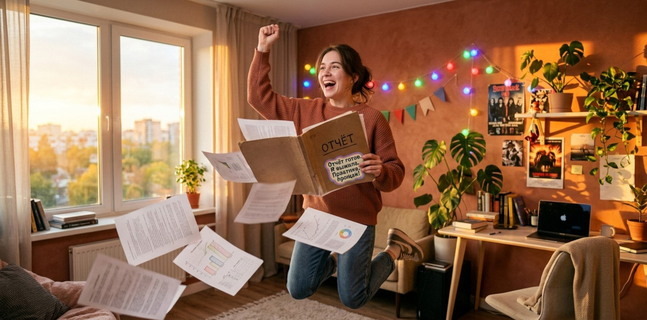 young female student celebrating with a thick report folder in her hands