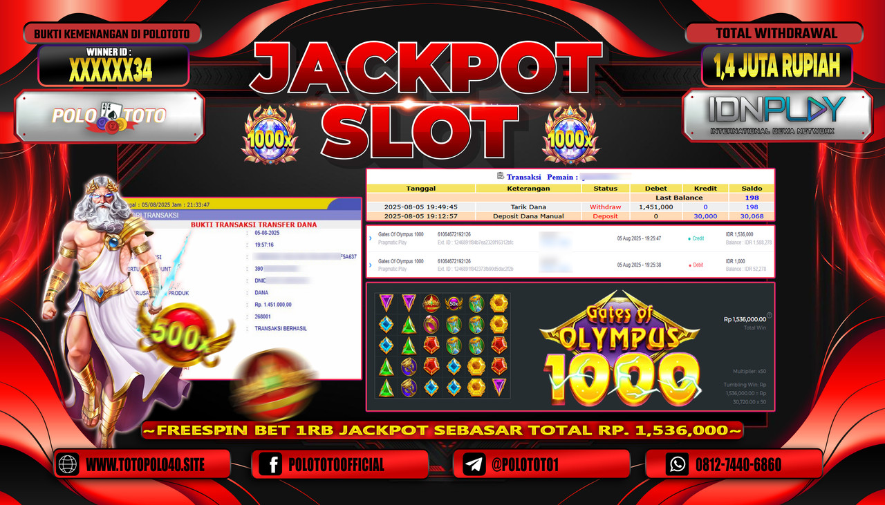 POLOTOTO JACKPOT SLOT GATES OF OLYMPUS 1000 Rp.1.400.000,-LUNAS