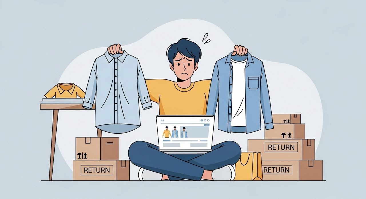 A person looking confused at clothes that are either too large or too small.