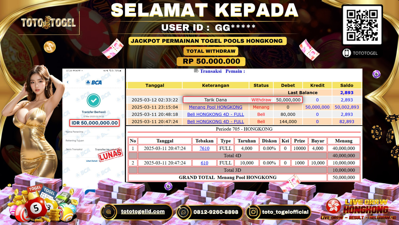 Bukti Pembayaran Jackpot  Permainan Togel Pools Hongkong ID:GG***** LUNAS