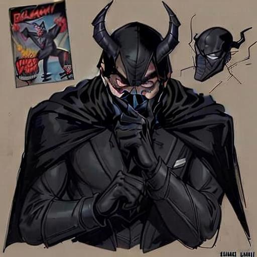 male in black hood with horns wearing a black business suit and a cowl under the hood. 