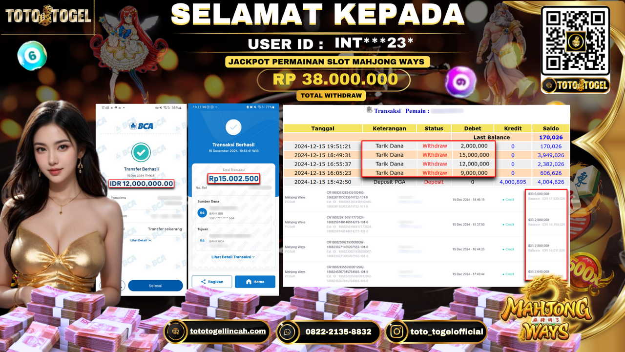 Bukti Pembayaran Jackpot Permainan Slot Mahjong Ways ID: INT***23* LUNAS