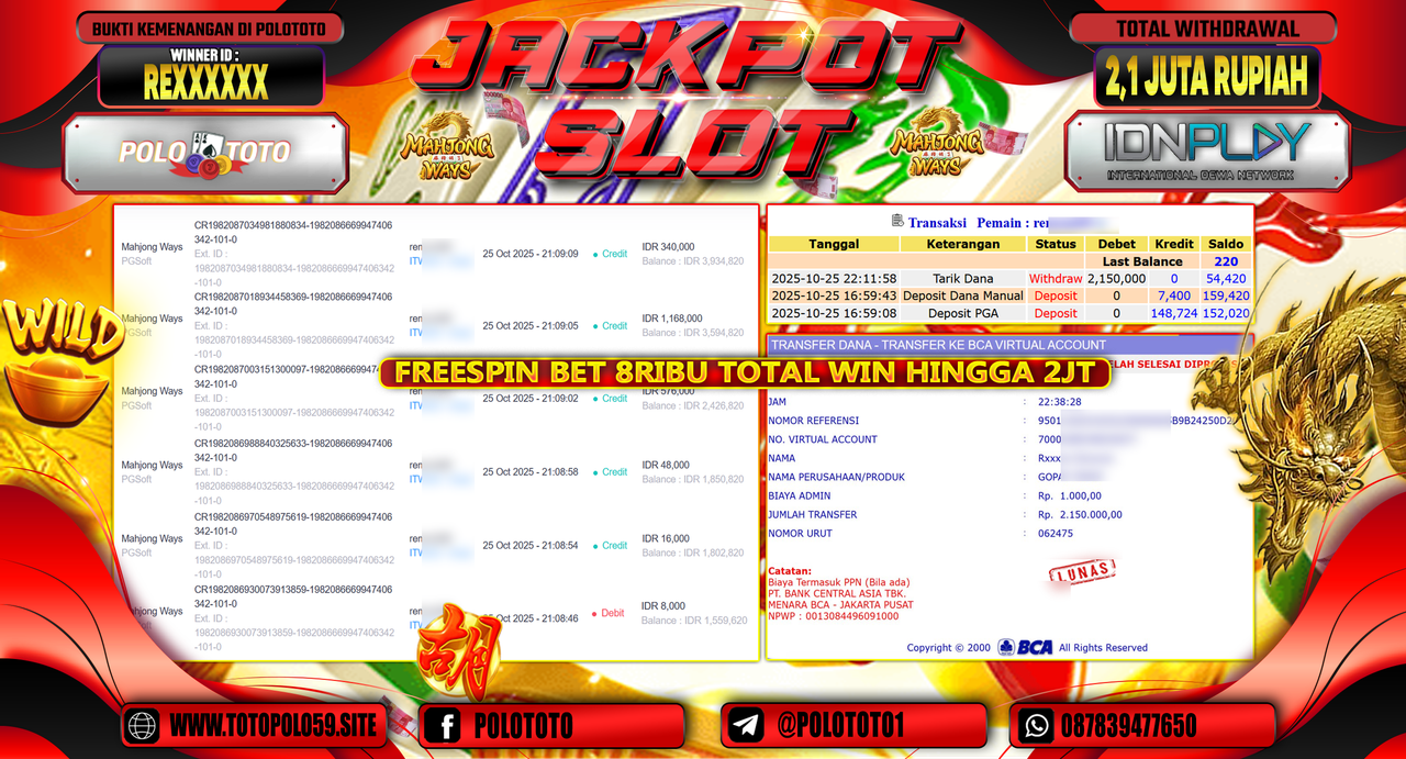 POLOTOTO JACKPOT SLOT MAHJONG WAYS Rp.2.100.000,- LUNAS