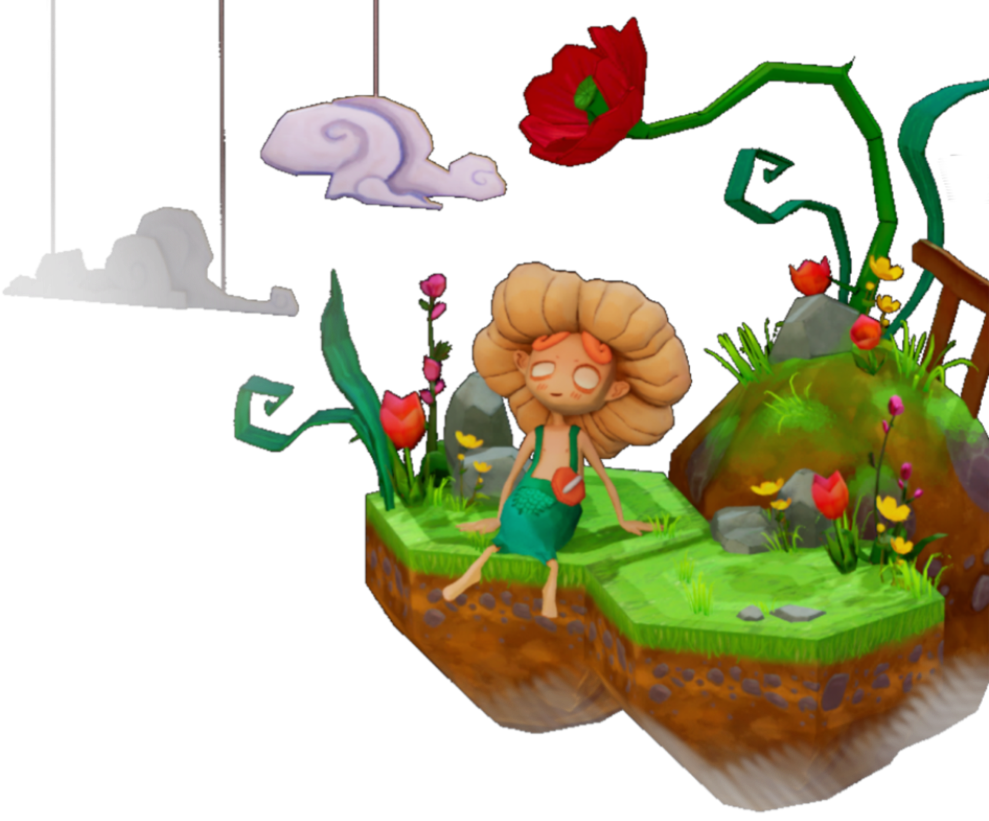 Personaggio Mushroom Trip che riposa sull'isola volante