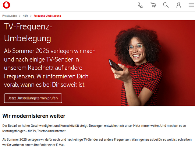 Vodafone-Seite zu TV-Frequenzen Umbelegung