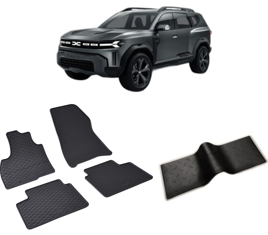 Set covorase auto DACIA BIGSTER MHEV din 2025-PREZENT, cu covoras tunel median, CAROSERIE SUV, Presuri cauciuc 100%, compatibil cu autoturismul DACIA BIGSTER MHEV, Rigum
