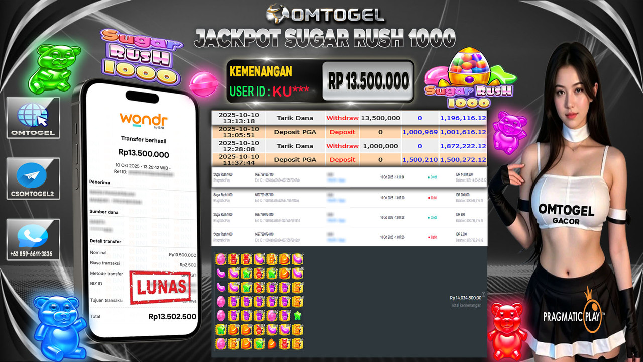 OMTOGEL JACKPOT PRAGMATIC PLAY SUGAR RUSH 1000 13 JUTA DI BAYAR LUNAS ,-