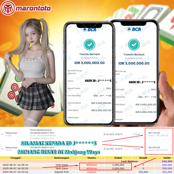Bukti Kemenangan Member Marontoto Sebesar 3,000,000 + 3,000,000 JuTa