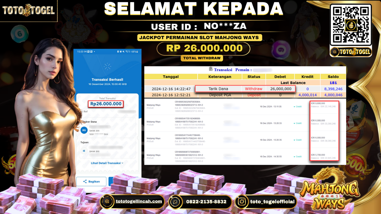 Bukti Pembayaran Jackpot Permainan Slot Mahjong Ways ID: NO***ZA LUNAS