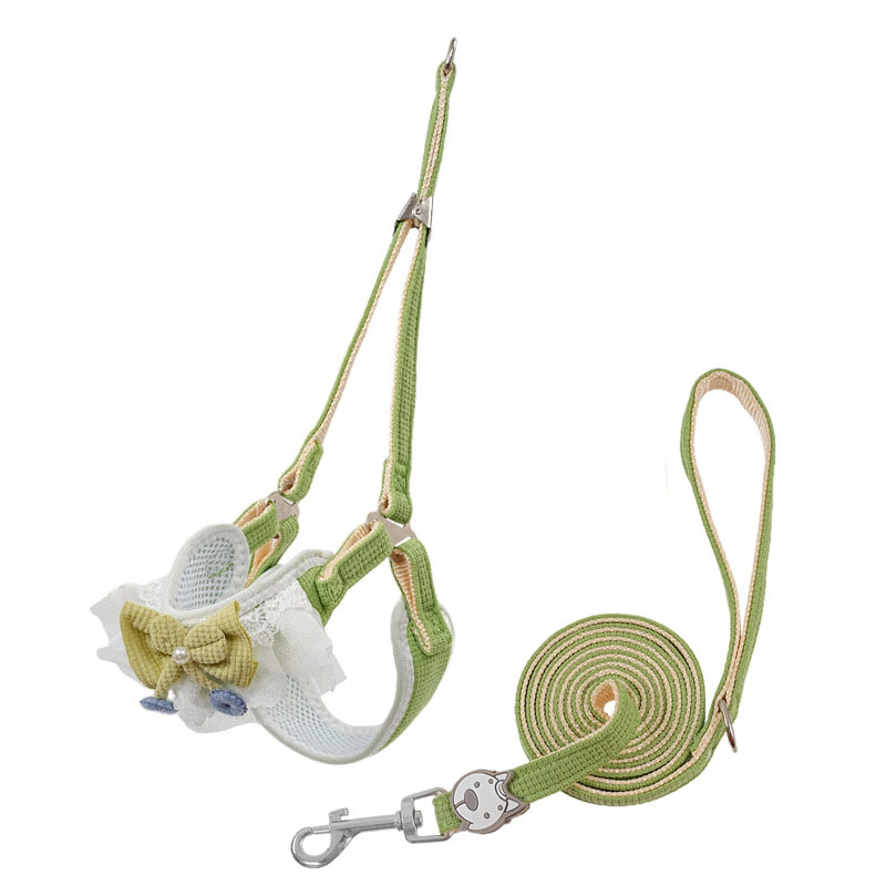 Green Lace Y-Shaped Pet Harness and Leash Set - Breathable Mesh Vest for Small to Medium Dogs and Cats - Comfortable Walking Gear with 150cm Leash(Size:S)