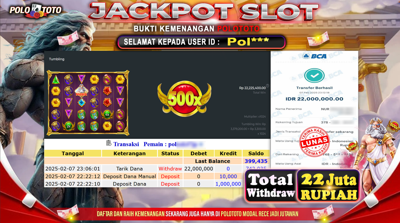 POLOTOTO JACKPOT SLOT GATES OF OLYMPUS 1000 Rp.22,000.000,-