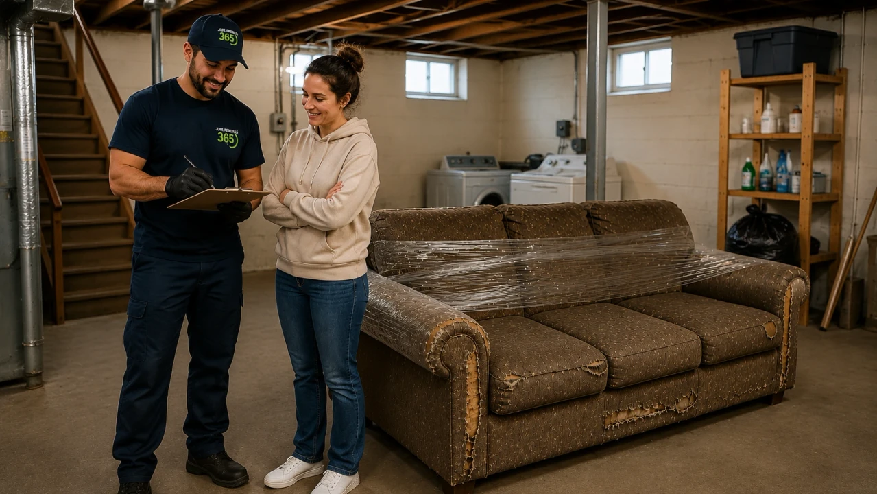 Preparing an old sofa for couch removal from a basement at a United States rental property