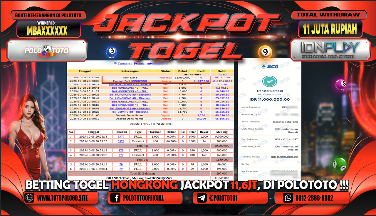 POLOTOTO JACKPOT TOGEL HONGKONG LOTTO Rp.11.000.000,- LUNAS