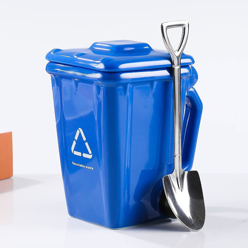 Blue Creative Trash Can Ceramic Mug with Shovel Spoon - 400ml Funny Garbage Bin Coffee Cup with Lid - Novelty Gag Gift for Birthday Christmas - Quirky Kitchen Cup for Home Office