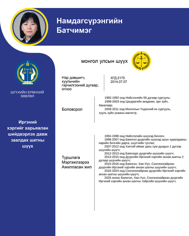 Иргэний хэргийг харьяалан шийдвэрлэх давж заалдах шатны шүүхийн шүүгчид нэр дэвшигч Н.Батчимэгийн мэргэжлийн үйл ажиллагааны танилцуулга