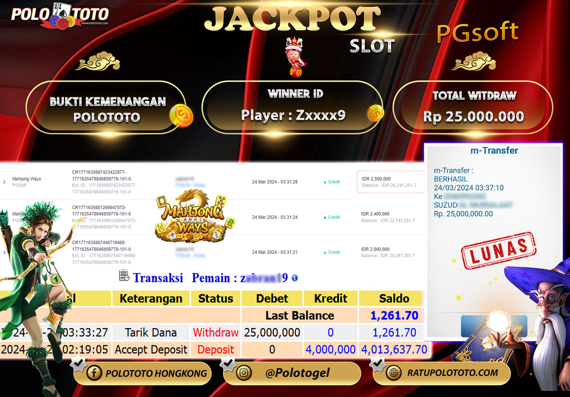 POLOTOTO BUKTI JACKPOT SLOT MAHJONG WAYS Rp 25.000.000,- LUNAS