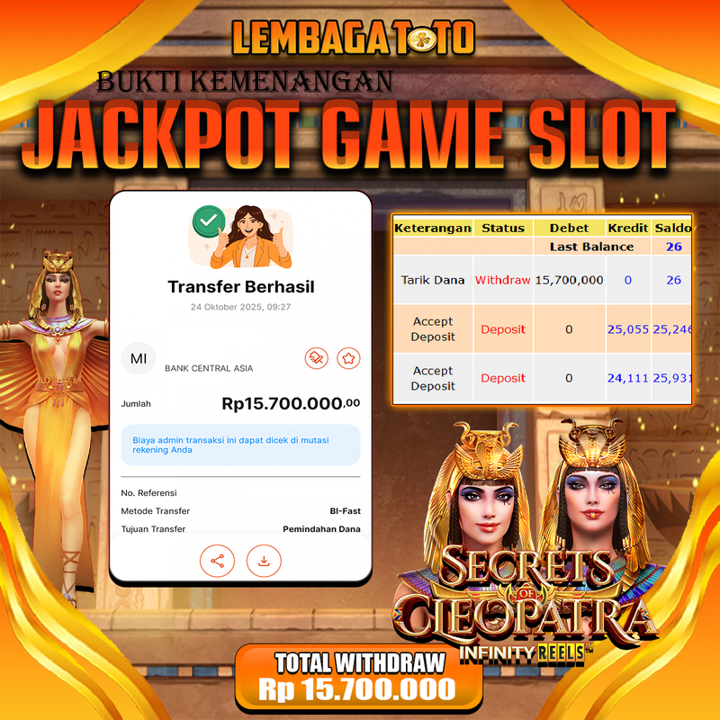 BUKTI JACKPOT 25 OCTOBER LEMBAGATOTO SECRETS CLEOPATRA Rp.15.700.000,- LUNAS