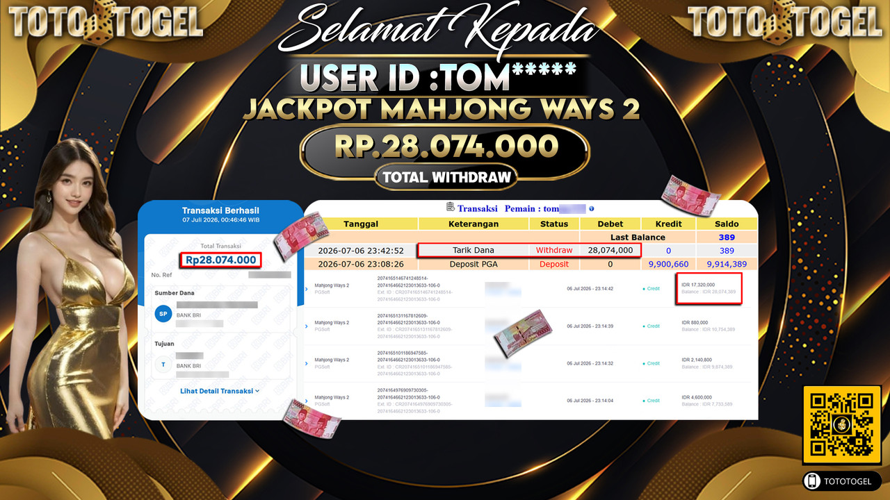 Bukti Pembayaran Jackpot Permainan Slot Mahjong Ways 2 ID:TOM*****LUNAS